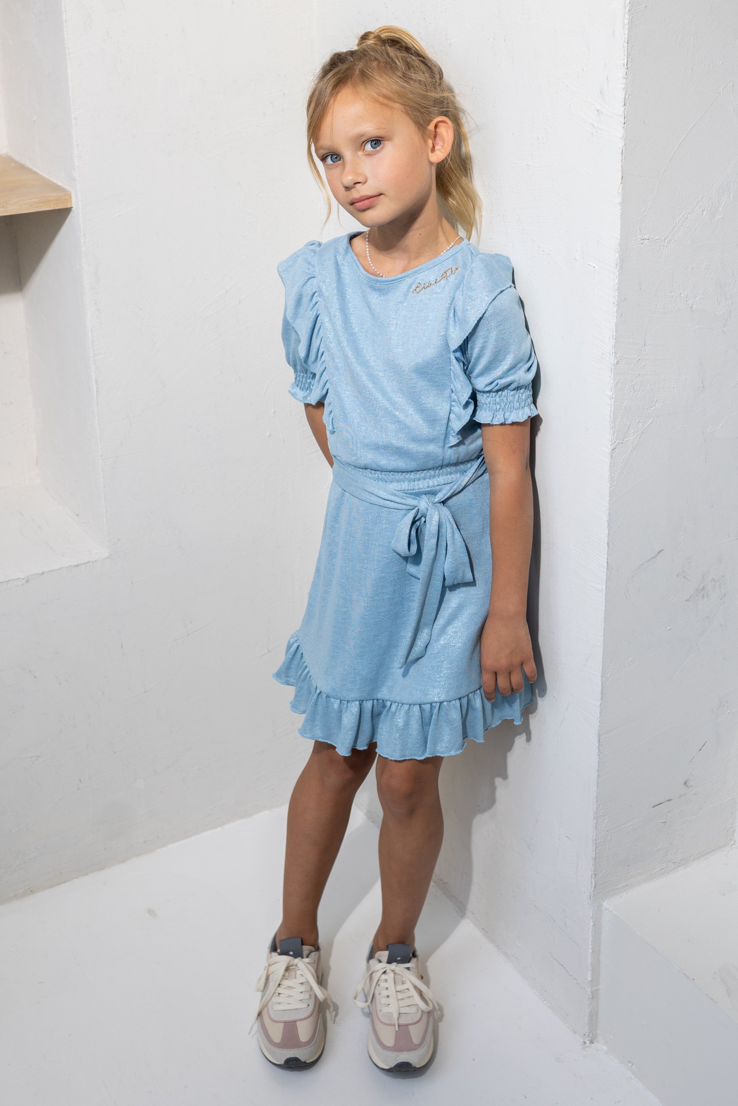 LikeFLO Flo Girls Metallic Jersey Ruffle Dress With Belt - LikeFlo
