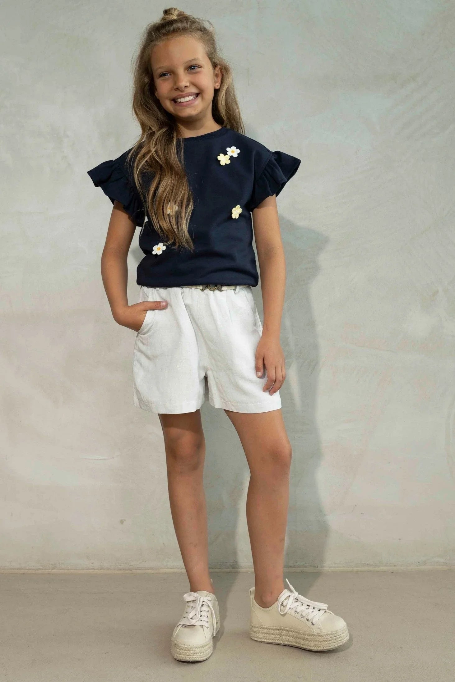 LikeFLO Flo Girls Ss Sweater Crochet Flower Navy - LikeFlo