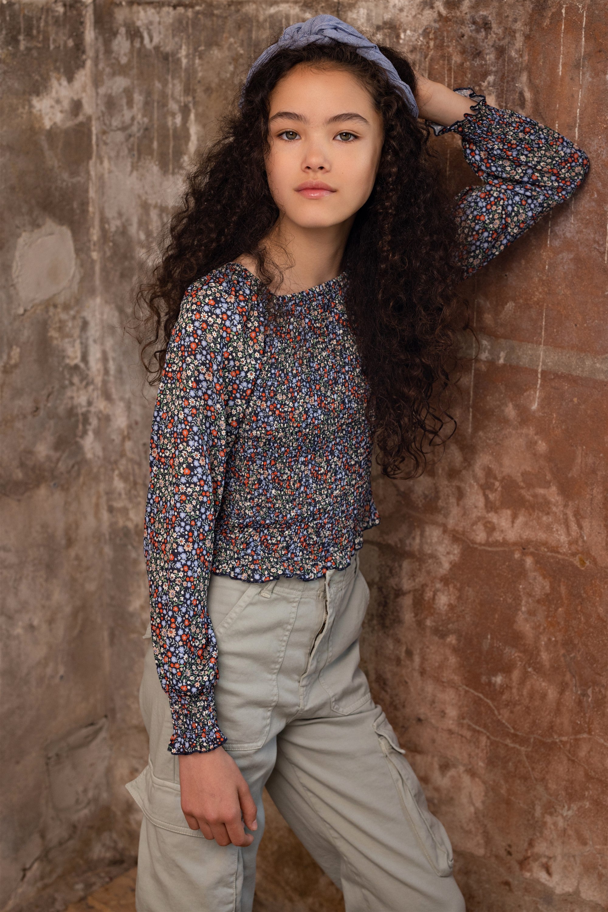 Tessa Smocked Bloemen Blouse Navy